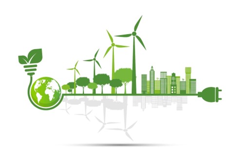 picture of green globe and wind turbines depicting environmental impact investing